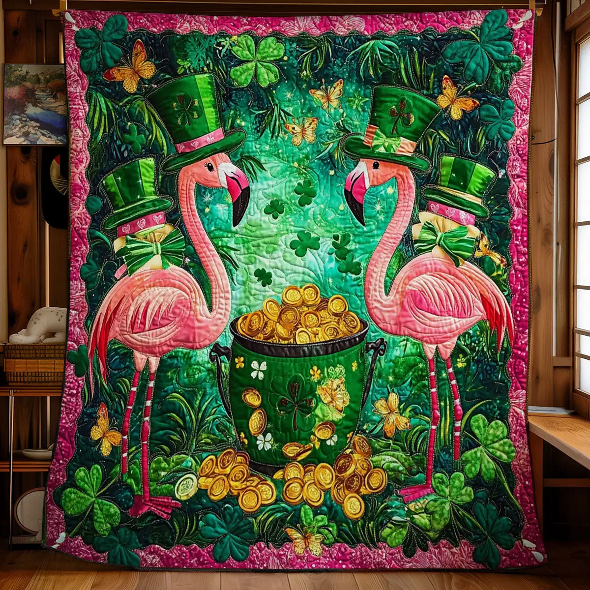Celtic Flamingo Bliss Quilted Blanket St Patrick's Day Flamingo Lover Gifts