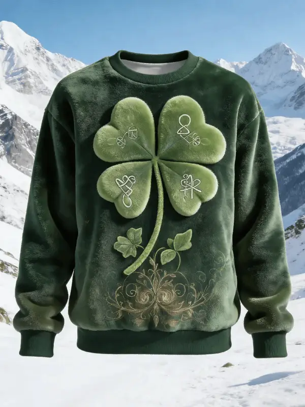 Celtic Four Leaf Clover Fluffy Sweatshirt St Patrick's Day Dark Green Irish Pride Party Outfit Celtic Four Leaf Clover Fluffy Sweatshirt St Patrick's Day Dark Green Irish Pride Party Outfit - Image 1