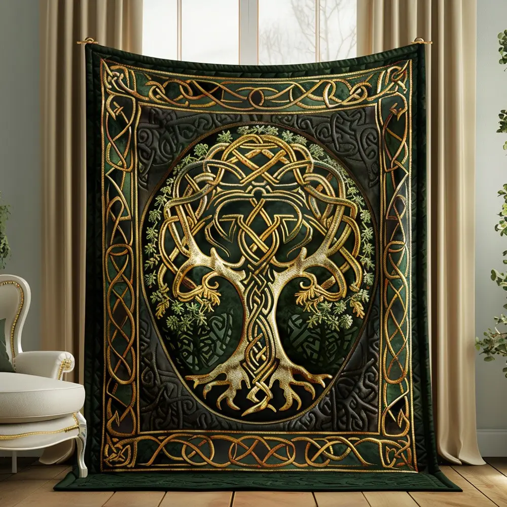 Celtic Gold Tree Of Life Quilted Blanket Irish Knotwork Throw Best Gift For Celtic Heritage Irish Lover Celtic Gold Tree Of Life Quilted Blanket Irish Knotwork Throw Best Gift For Celtic Heritage Irish Lover - Image 1