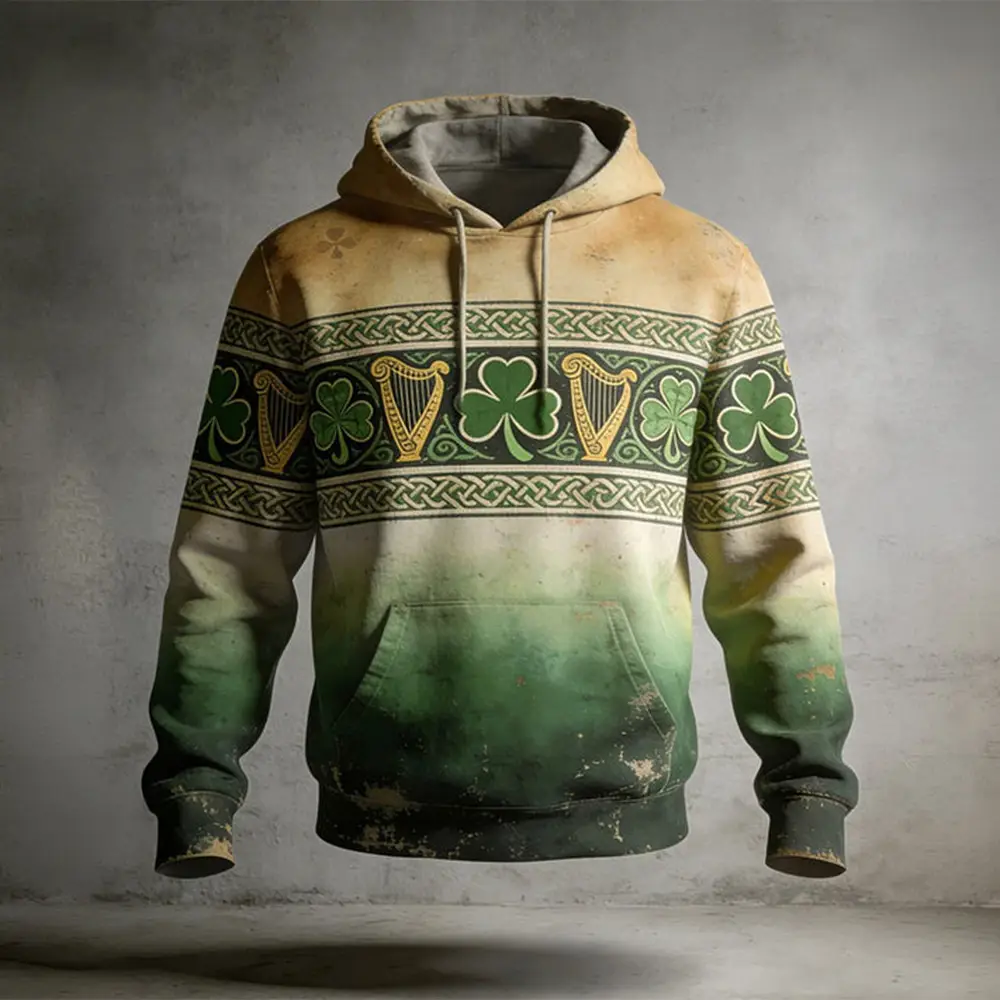Celtic Harp Shamrock Vintage Hoodie Saint Patrick's Day Apparel Gift Idea For Men