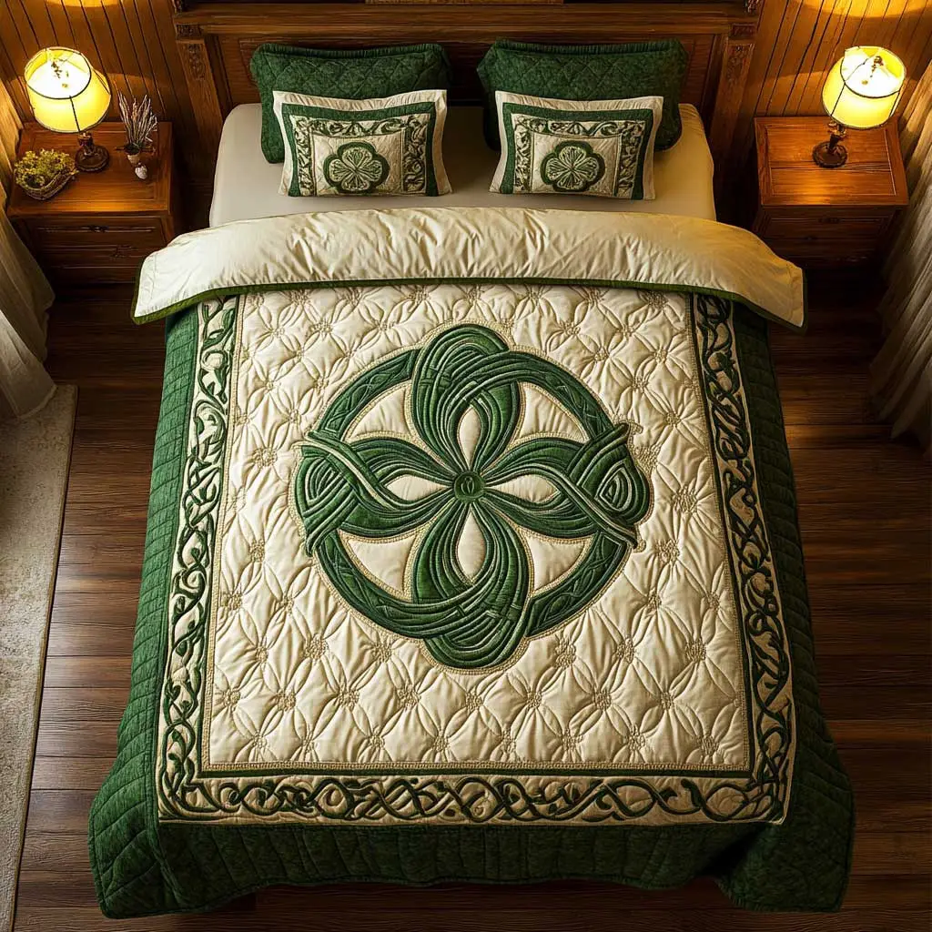 Celtic Knot Clover Quilted Bedding Set Cozy Home Decor St Patty's Day Gift For Lovers