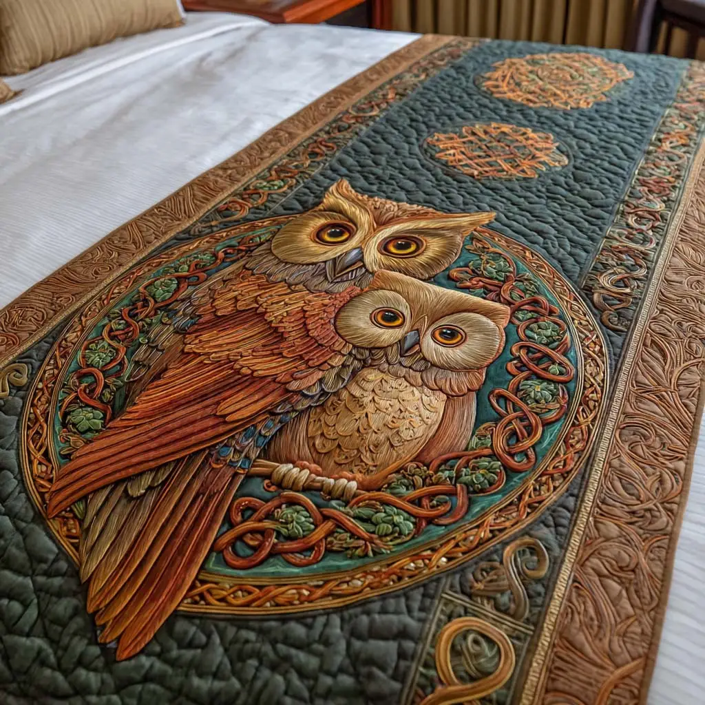 Celtic Owls Quilted Bed Runner Celtic Owl Symbols Religious Home Gift