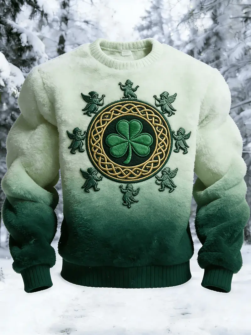Celtic Shamrock Mandala Fluffy Sweatshirt St Patrick's Day White Green Gradient Lucky Outfit