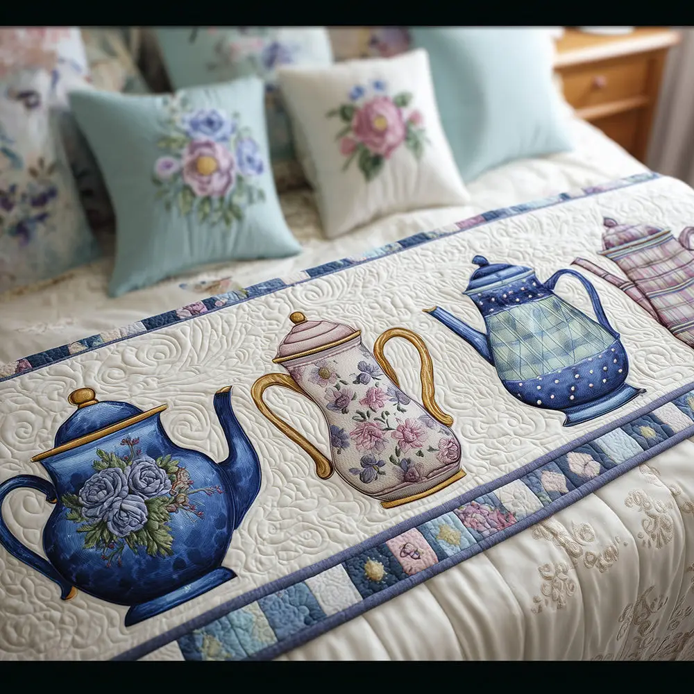 Cerulean Teatime Row Quilted Bed Runner Cerulean Teatime Row Elegant Gift