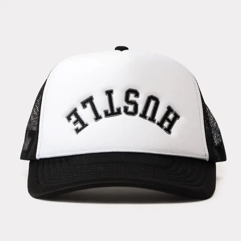 Charlie Hustle Merch White And Black Hustle Trucker Hat Gift Ideas For Husband -WearandDecor