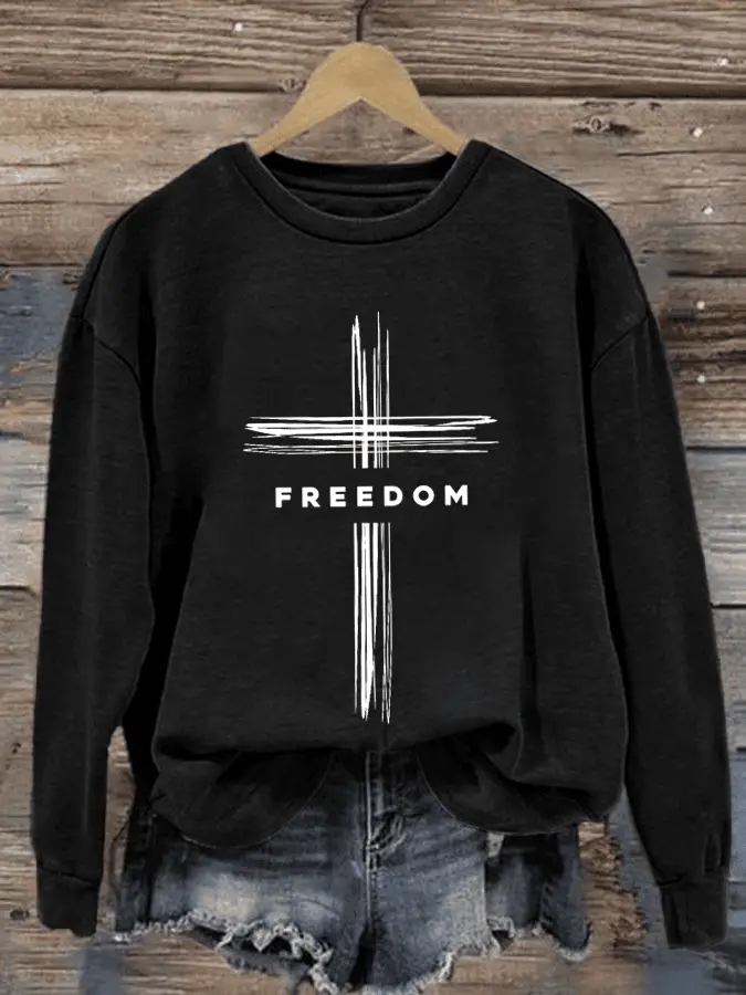 Charlie Kirk Freedom Sweatshirt Cross Printed Crew Neck Sweatshirt TPUSA Merch