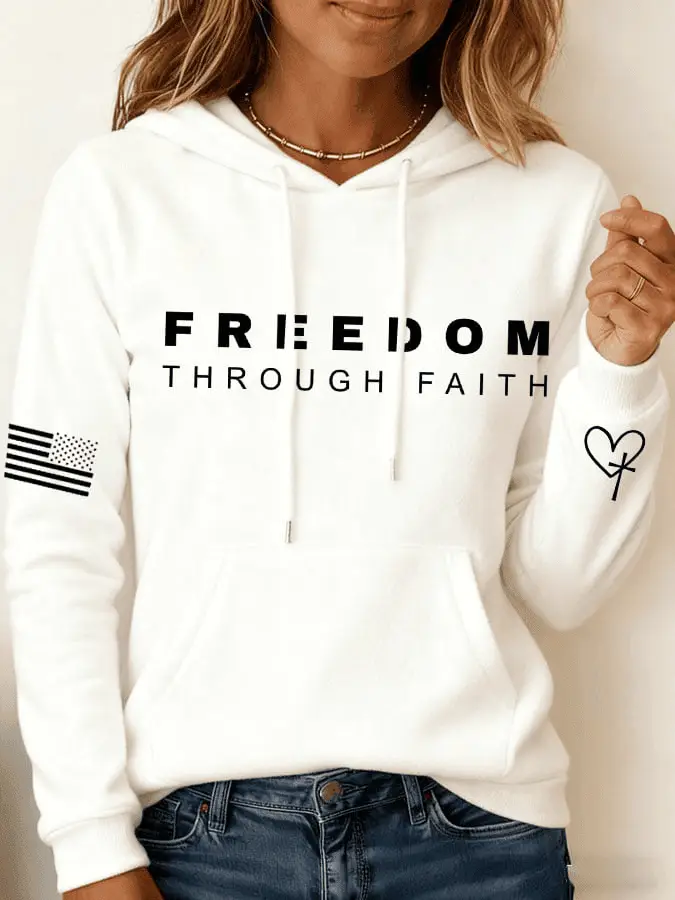 Charlie Kirk Freedom Through Faith Print Casual Hoodie Charlie Kirk Tribute Gift