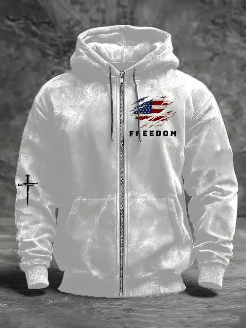 Charlie Kirk Freedom Zipper Hoodie USA Flag Cross Faith Christian Outfit Gifts For Men
