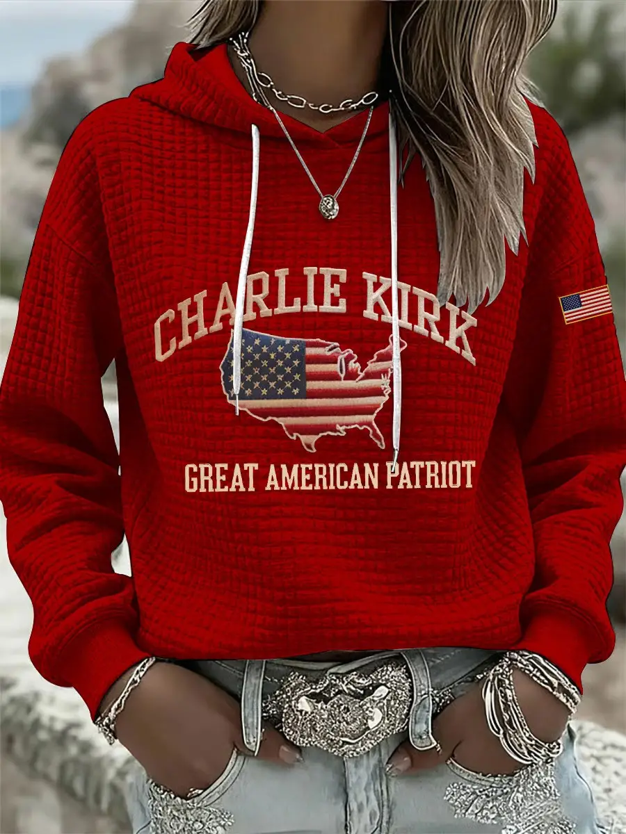 Charlie Kirk Great American Patriot Waffle Hoodie USA Flag Graphic In Loving Memory Presents