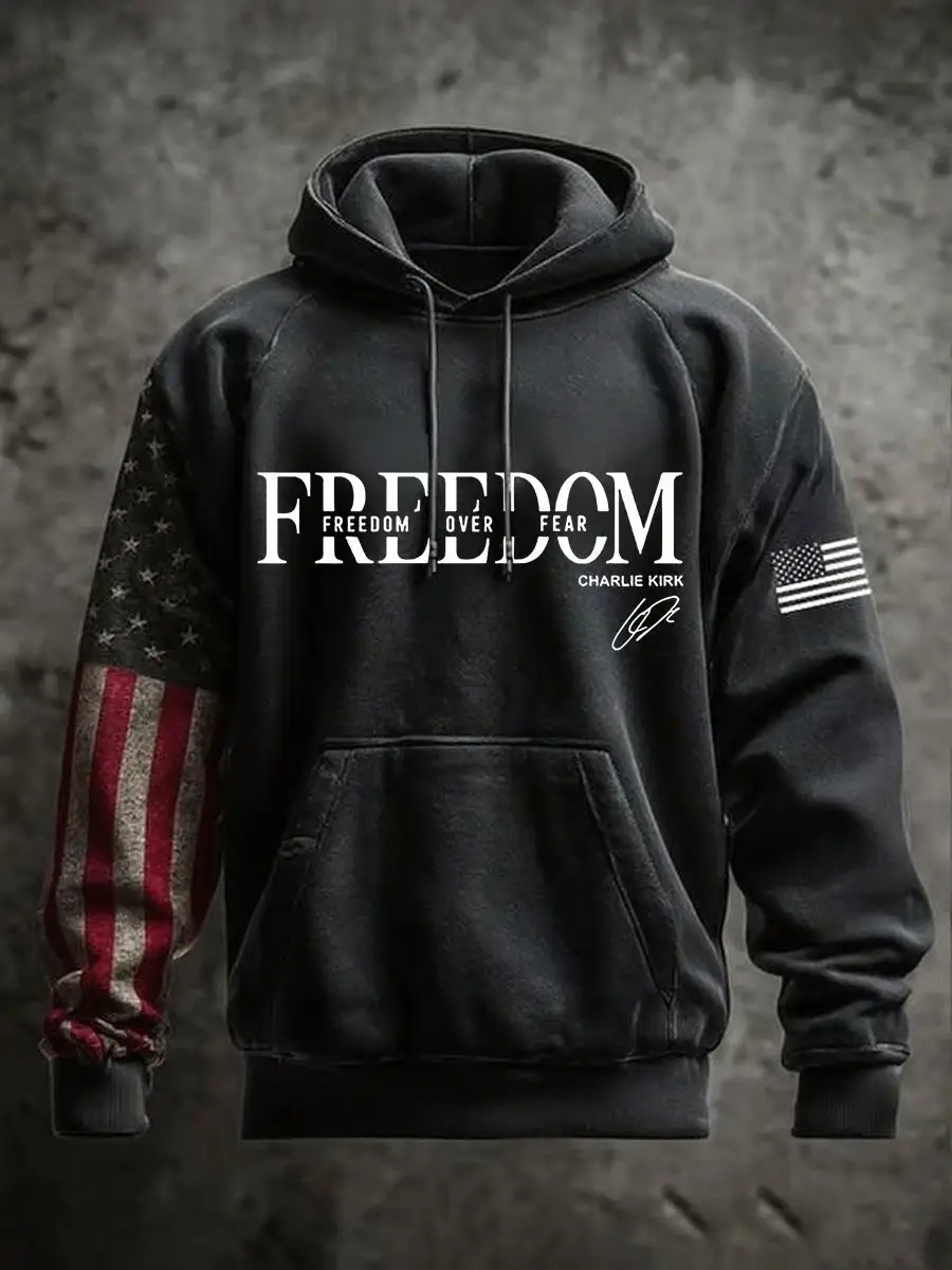 Charlie Kirk Hoodie Freedom Over Fear Signature CK USA Flag Merch Gifts For Supporters