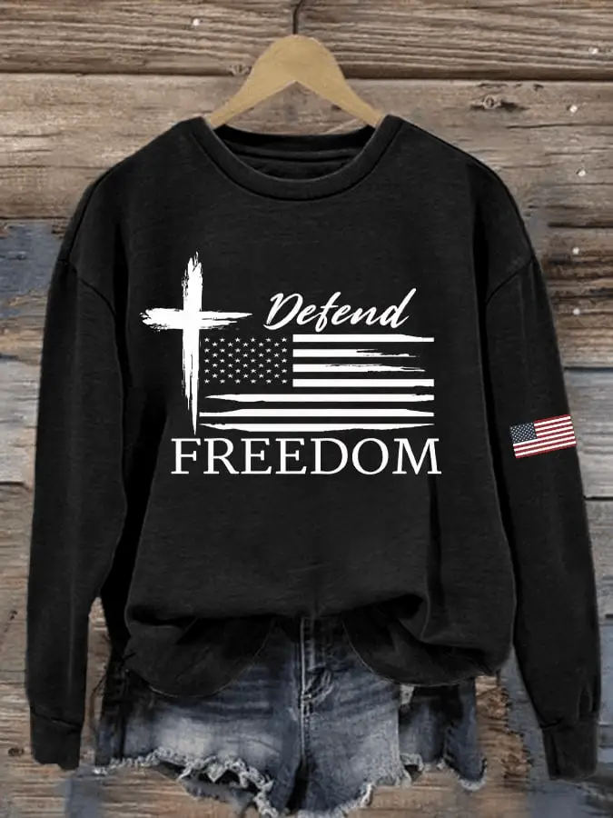 Charlie Kirk Merch Defend Freedom Print Crew Neck Sweatshirt