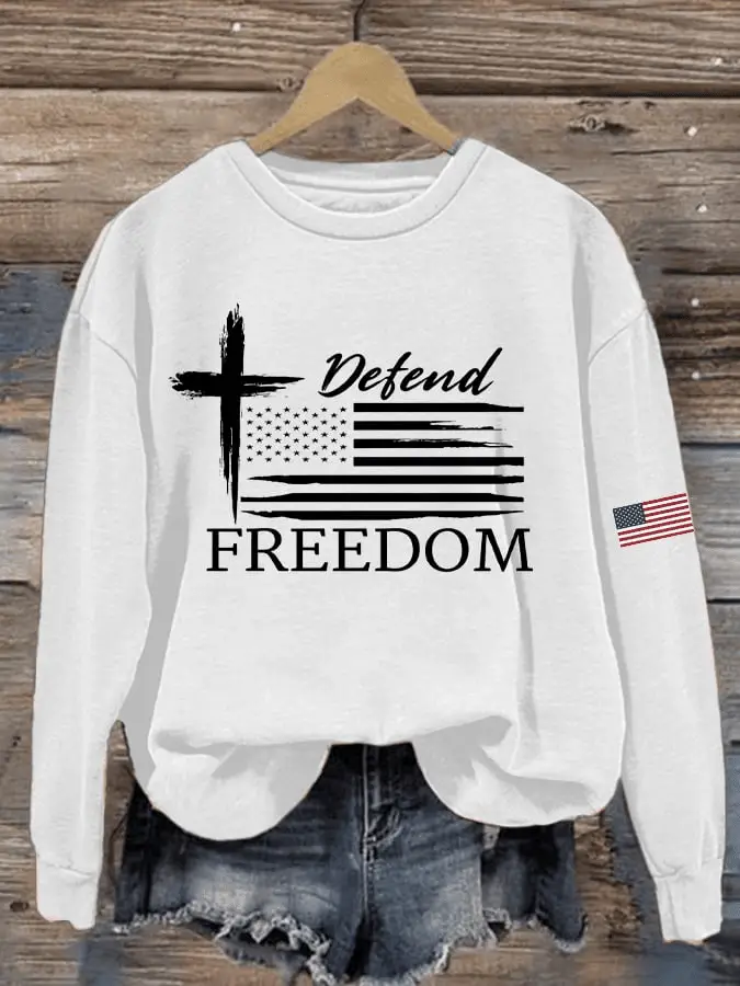 Charlie Kirk Merch Defend Freedom Print Crew Neck Sweatshirt TPUSA Merch