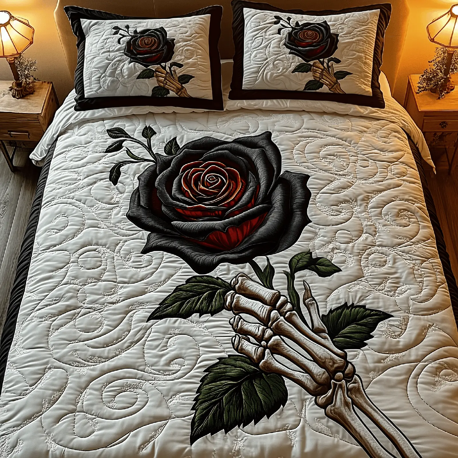 Charming Black Rose For U Quilted Bedding Set Room Decor Items Valentines Gifts For Men
