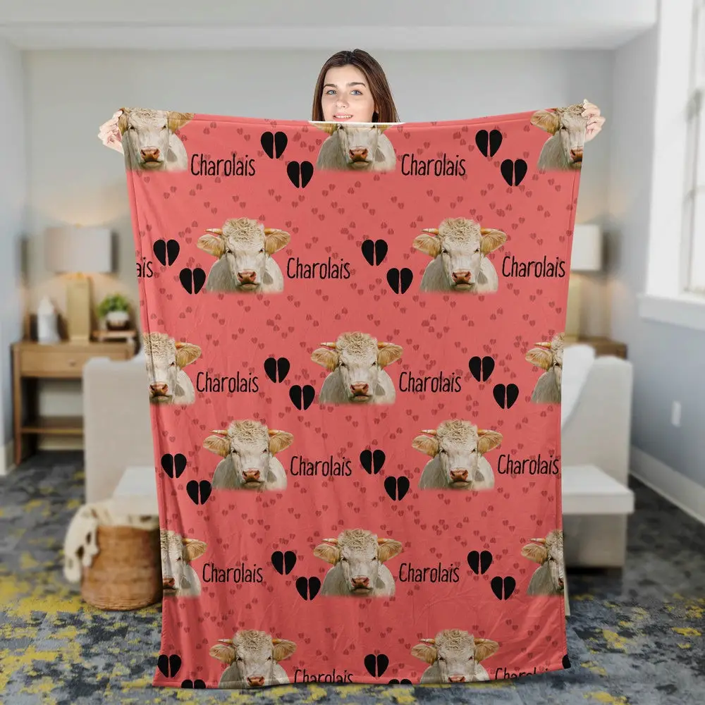Charolais Cattle Happy Pattern Blanket Farm Blanket Gift For Farmer
