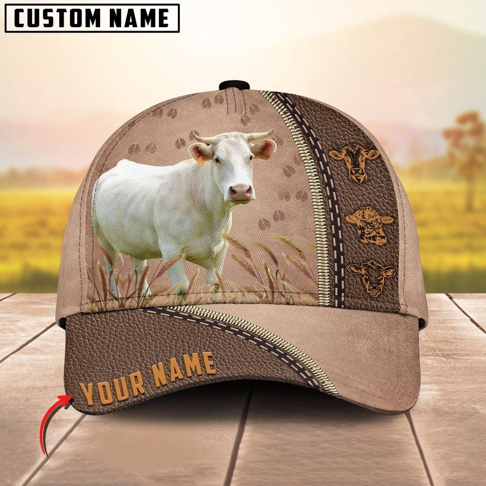 Charolais Cattle Personalized Name Brown Leather Pattern Cap Farmer Baseball Cap Gift For Farmer
