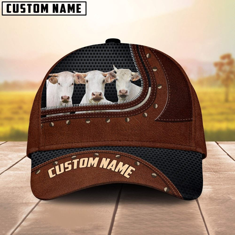 Charolais Happiness Zipper Pattern Customized Name Cap Farmer Baseball Cap Gift For Farmer