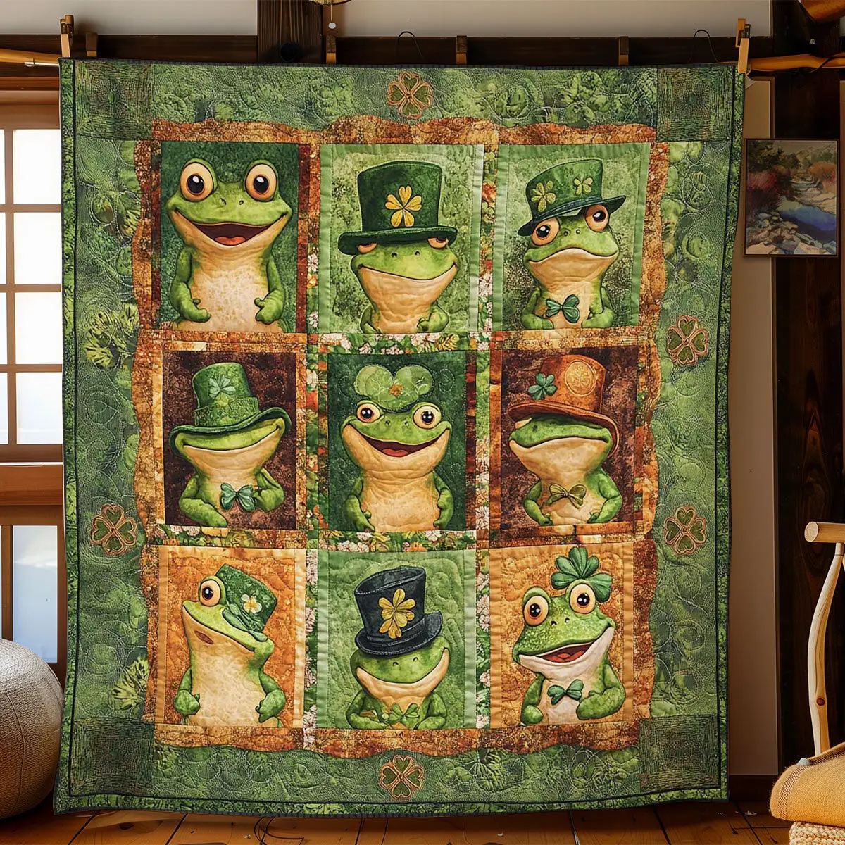 Cheerful Frog Quilted Blanket Shamrock Design St Patrick's Day Gift For Frog Lovers
