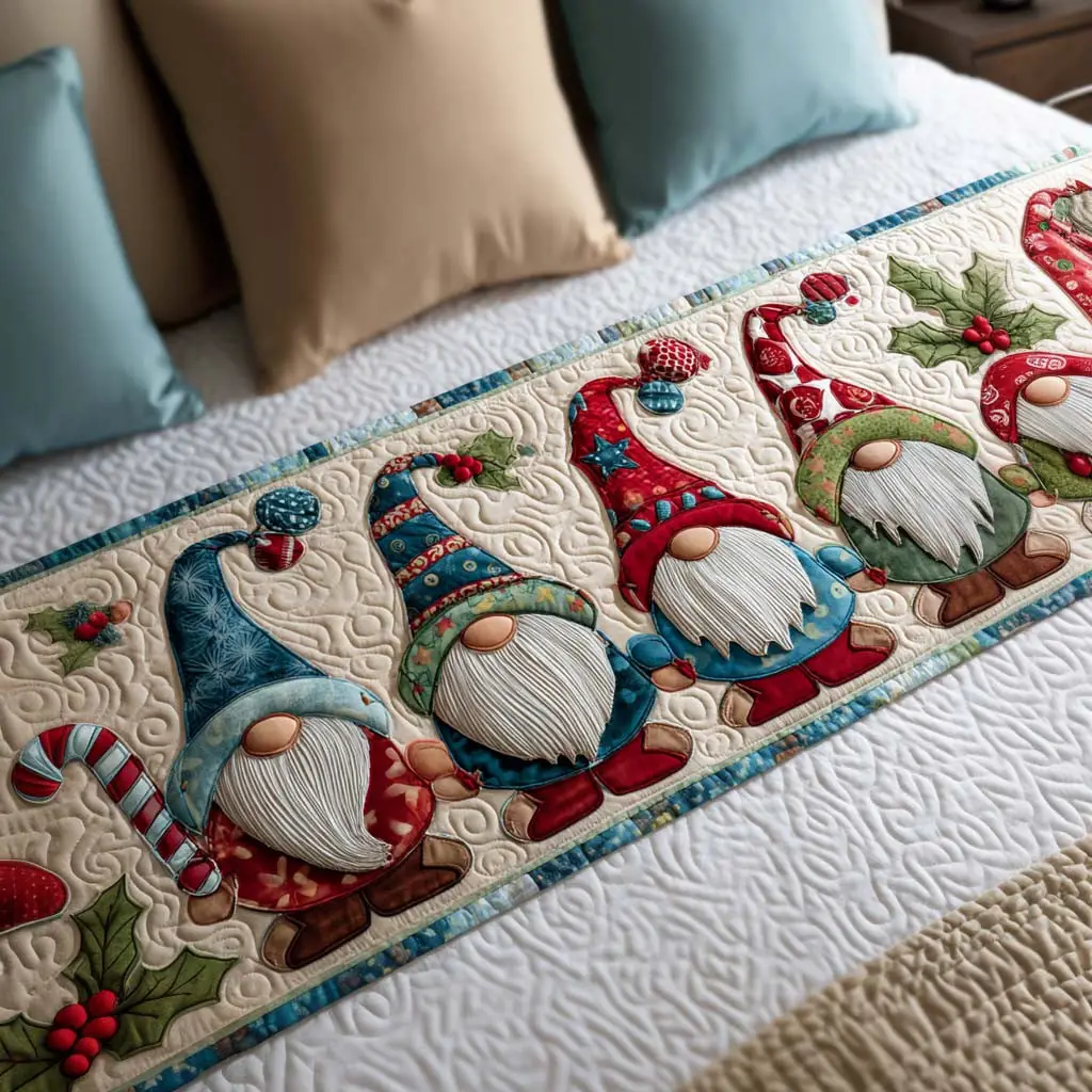 Cheerful Gnomes Quilted Bed Runner Cheerful Gnome Gathering Holiday Gift for Friends