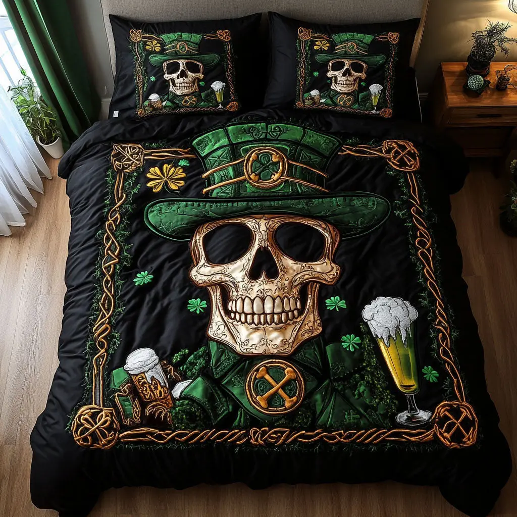 Cheers Skull Quilted Bedding Set Cozy Aesthetic Home Decor Cute St Patricks Day Ideas