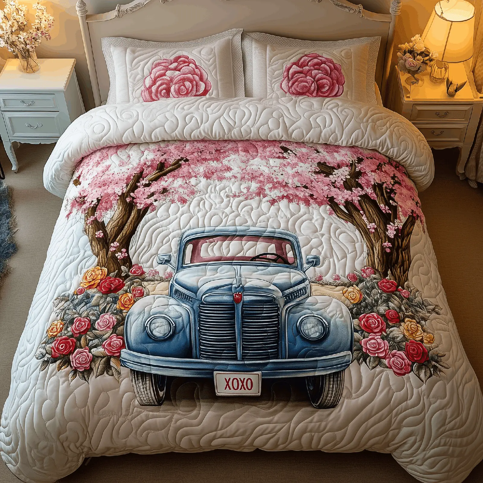 Cherry Blossom Truck Quilted Bedding Set Valentine Day Decor Gift Ideas For Truck Lovers