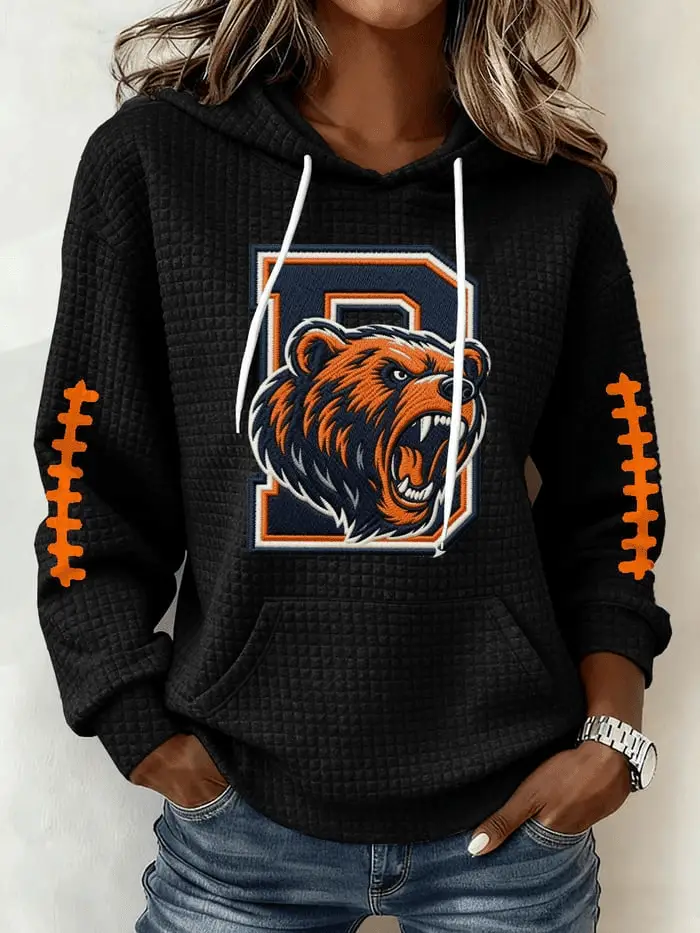 Chicago Football Print Waffle Hoodie Bears Down Hoodie Clothing for Mom Chicago Football Print Waffle Hoodie Bears Down Hoodie Clothing for Mom - Image 1