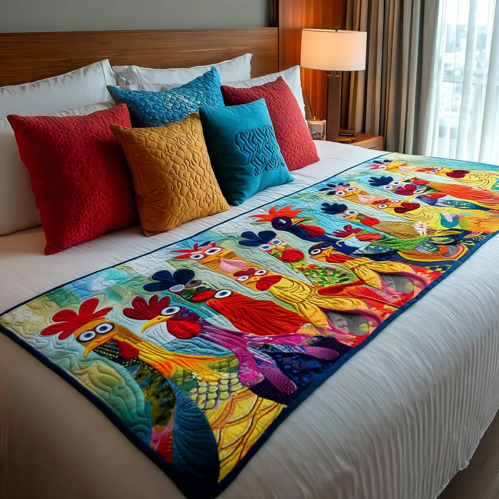 Chicken Vibrant Village Quilted Bed Runner Colorful Farm Village Home Gift