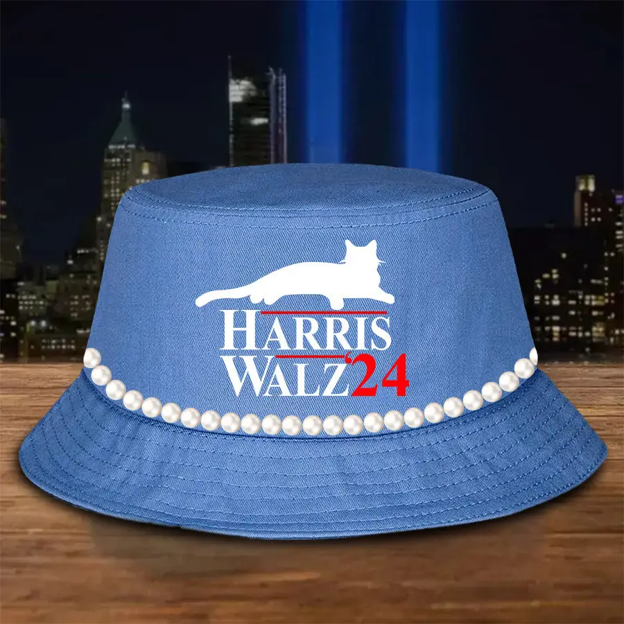 Childless Cat Lady For President Harris Walz Bucket Hat Chuck And Pearls Harris Walz Bucket Hat