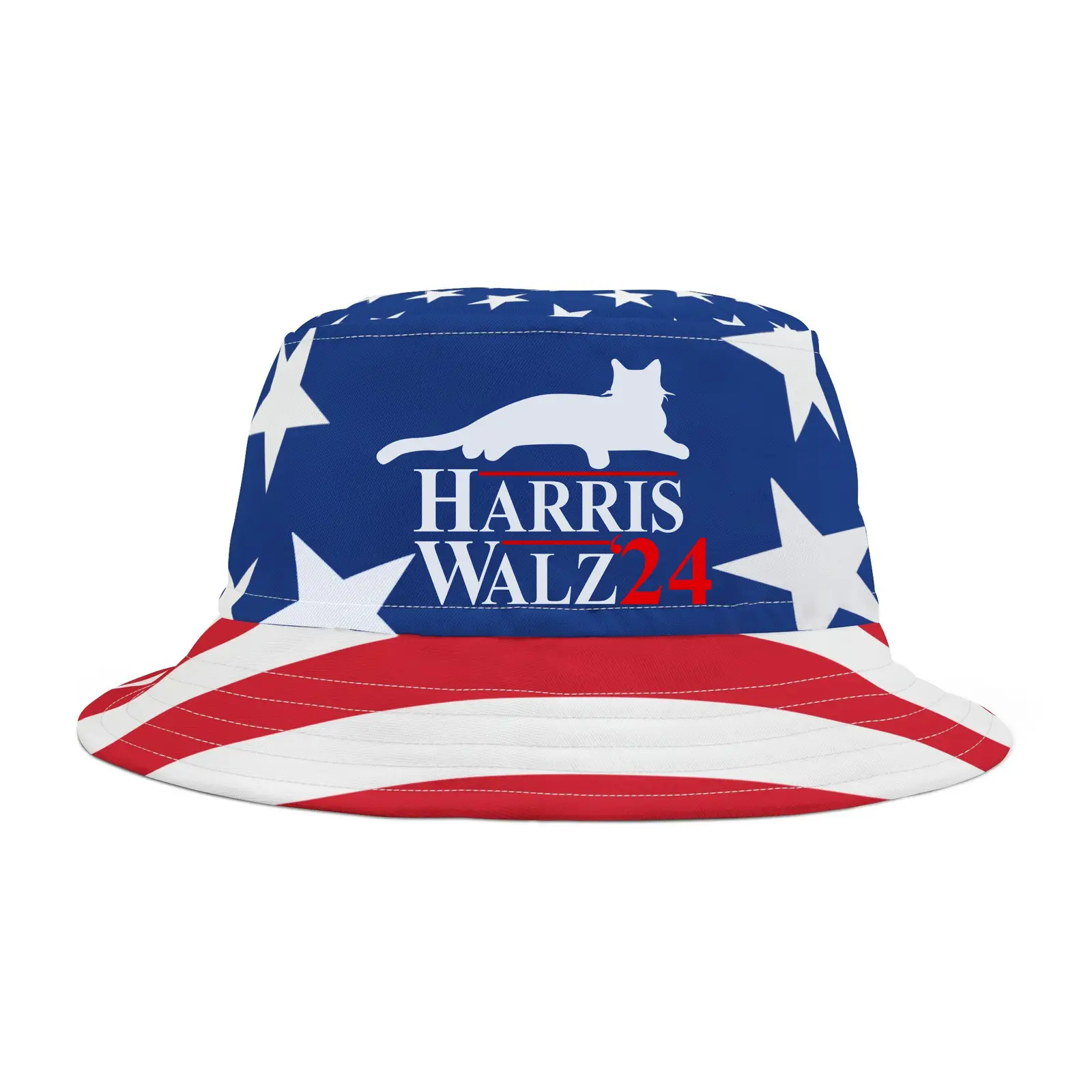 Childless Cat Lady Harris Walz 2024 USA Flag Bucket Hat Vote Democrat Lady Gifts For Supporters