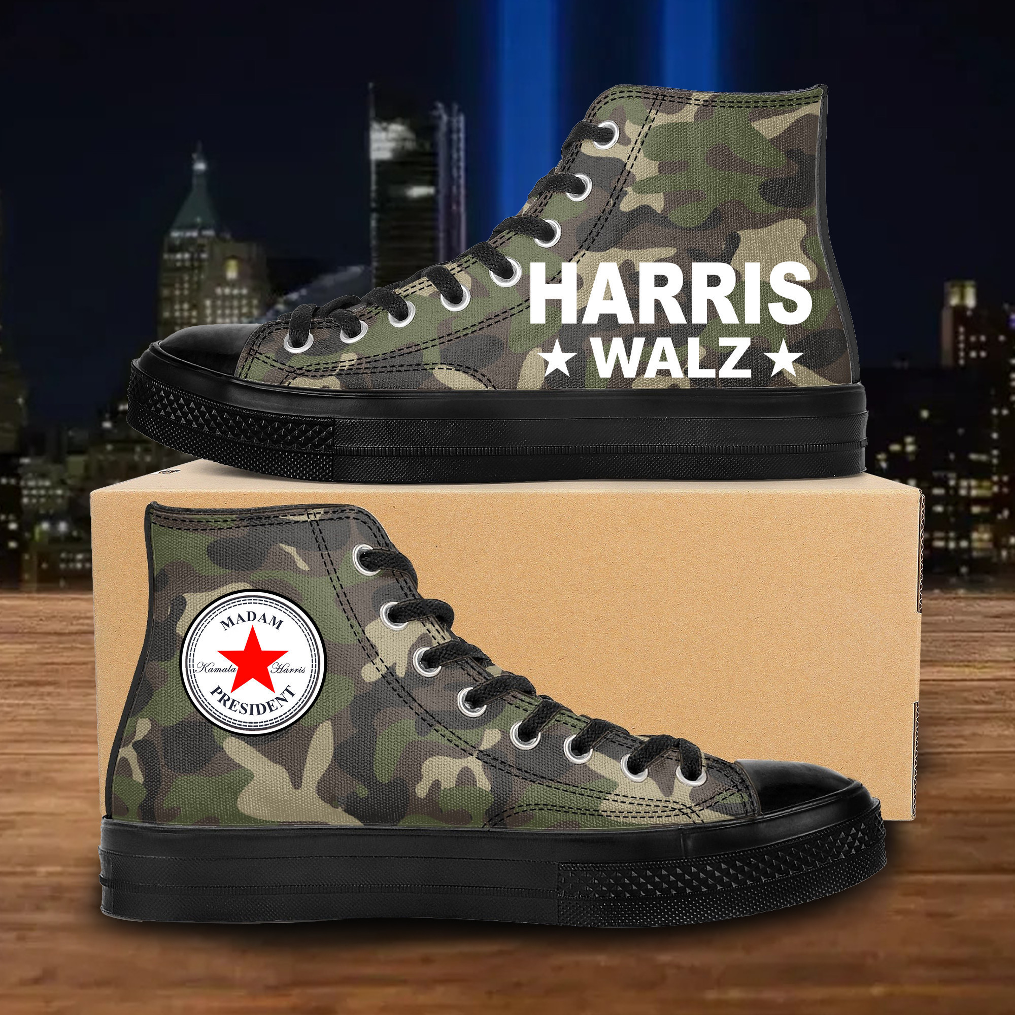 Childless Cat Lady Harris Walz Camo High Top Shoes Cat Ladies For Kamala Shoes Gifts For Voter