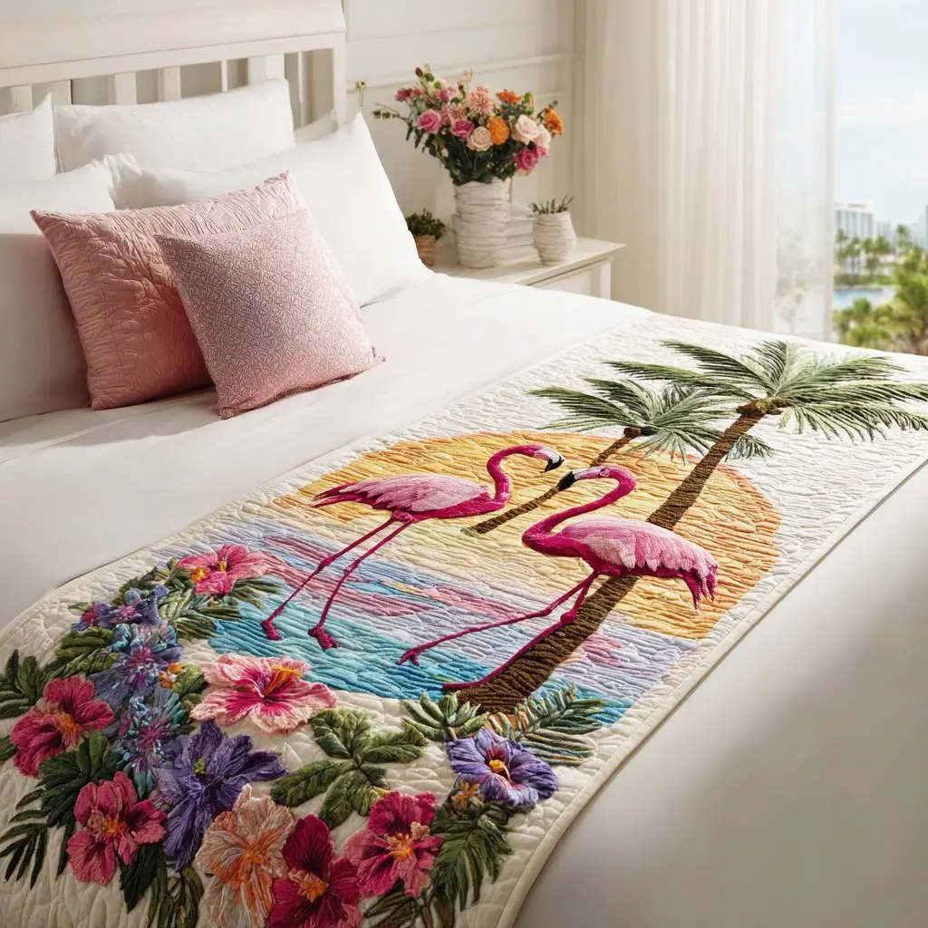 Chill-a-mingo Quilted Bed Runner Fun Flamingo Chill Summer Gift