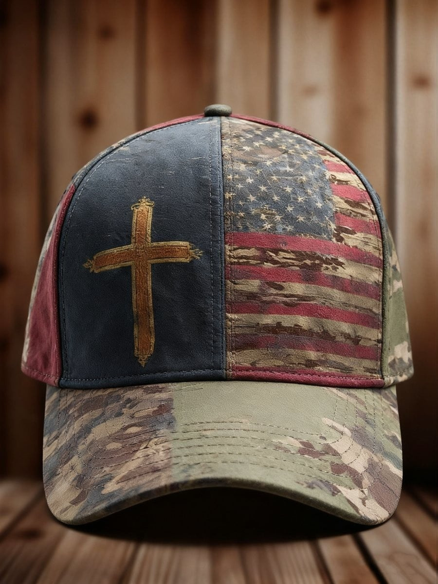 Christian Cross American Flag Camo Vintage Hat Patriotic Merch Best Father's Day Gifts