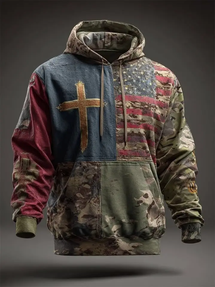 Christian Cross American Flag Camo Vintage Hoodie Patriotic Clothing Unique Father's Day Gifts