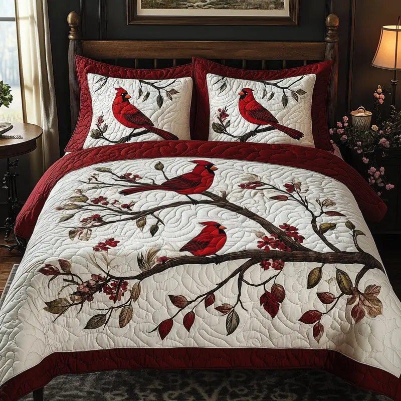 Christmas Cardinal Quilted Bedding Set Holiday Bird Bedroom Decor Festive Gift Ideas