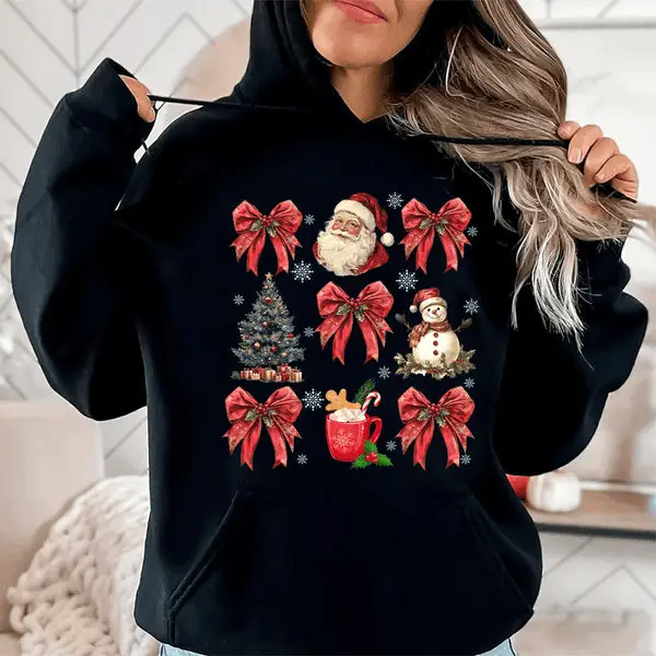 Christmas Coquette Bow Santa Hoodie Christmas Tree Snowman Hoodie Gifts For Women