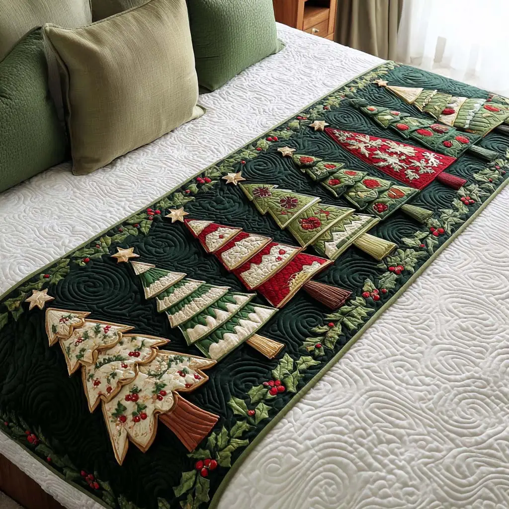 Christmas Forest Quilted Bed Runner Festive Tree Look Gift for Wife