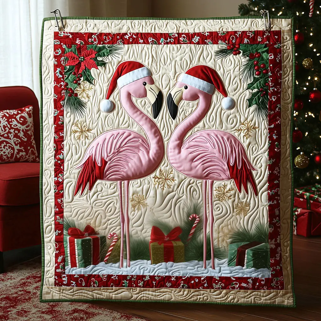 Christmas Holiday Flamingo Quilt Premium Quilt Blanket Gift for Family Gatherings