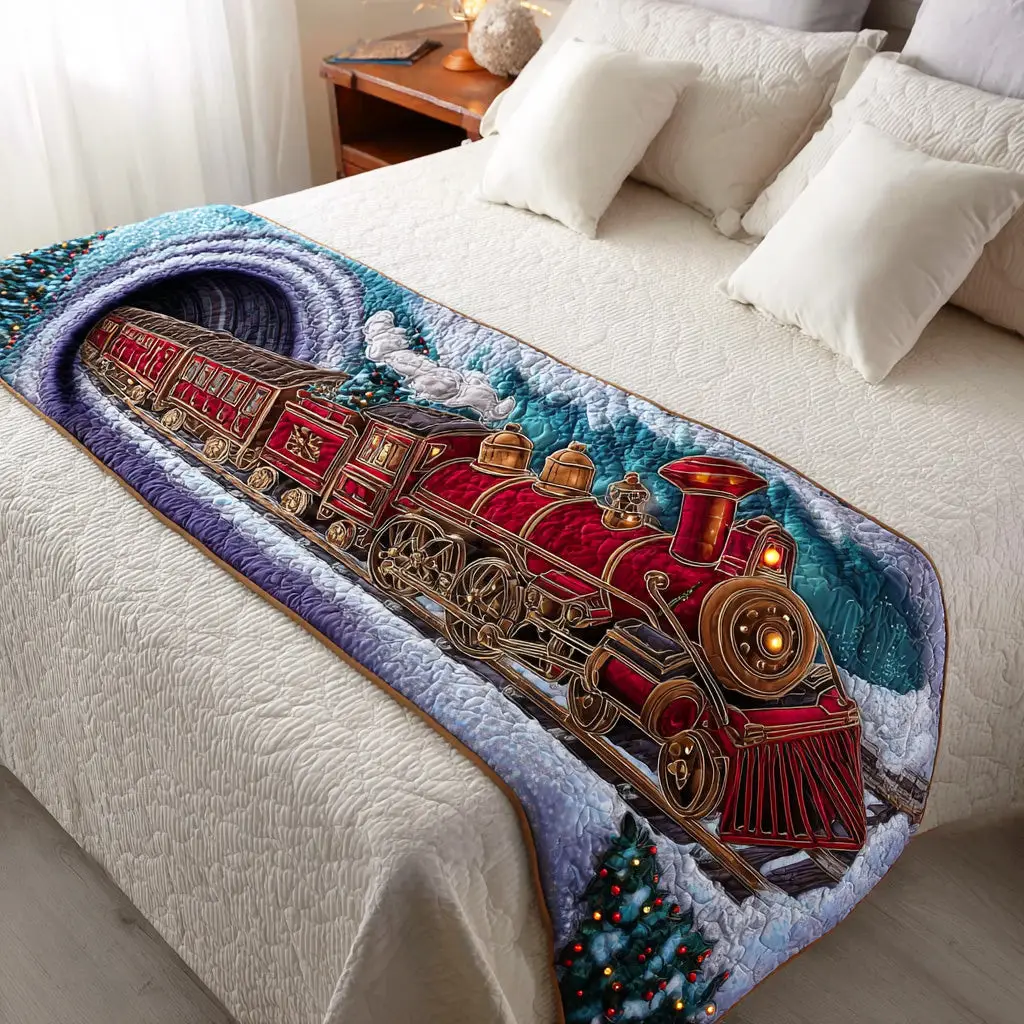 Christmas Steam Trail Quilted Bed Runner Christmas Steam Holiday Gift for Family