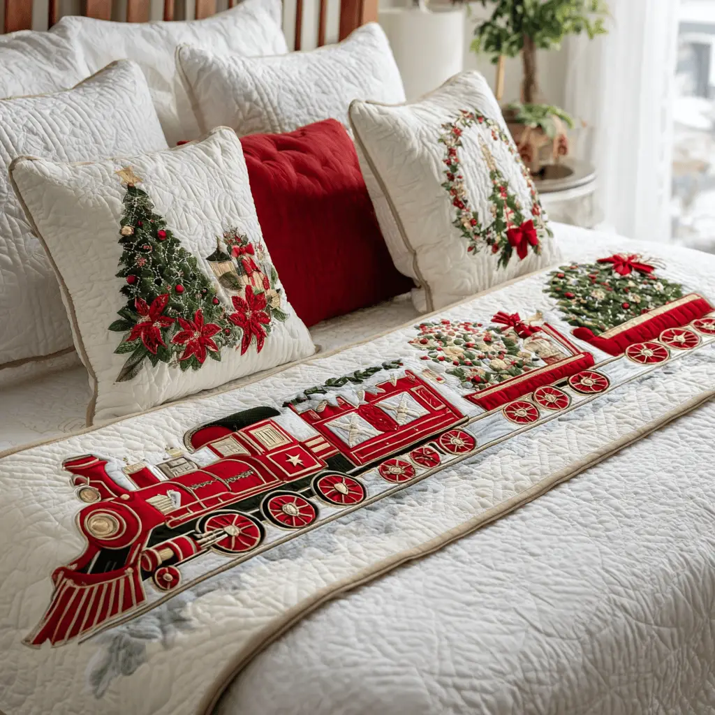 Christmas Train Quilted Bed Runner Holiday Train Fun Gift for Kids