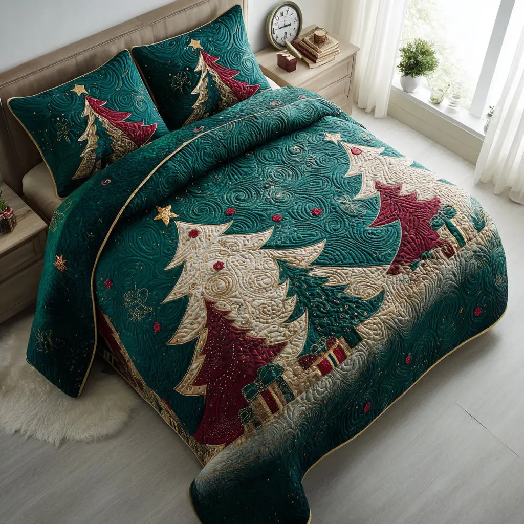 Christmas Tree Glow Quilted Bedding Set Trendy Bedding Merch for Modern Homes