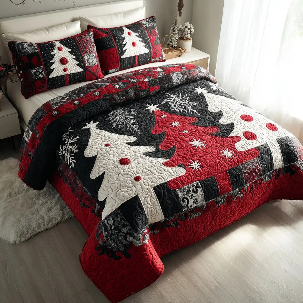 Christmas Tree Noel Quilted Bedding Set Beautiful Printed Bedding Set for Home Aesthetics