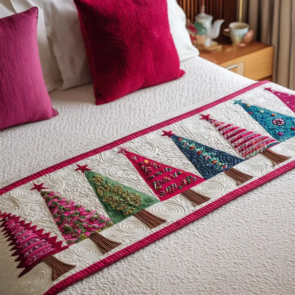 Christmas Trees Quilted Bed Runner Holiday Tree Style Gift for Parents