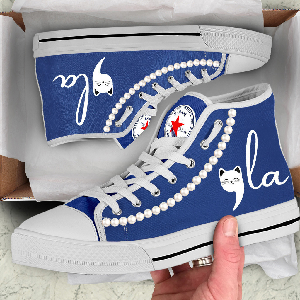 Chucks And Pearls High Top Shoes Cat Lady Comma La Vote Blue High Top Sneakers