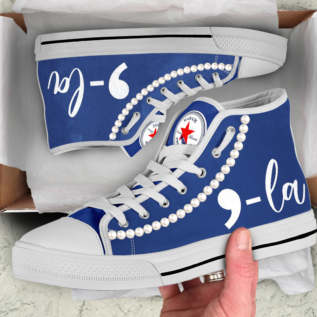 Chucks And Pearls High Top Shoes Comma La Funny Kamala Vote Blue High Top Sneakers