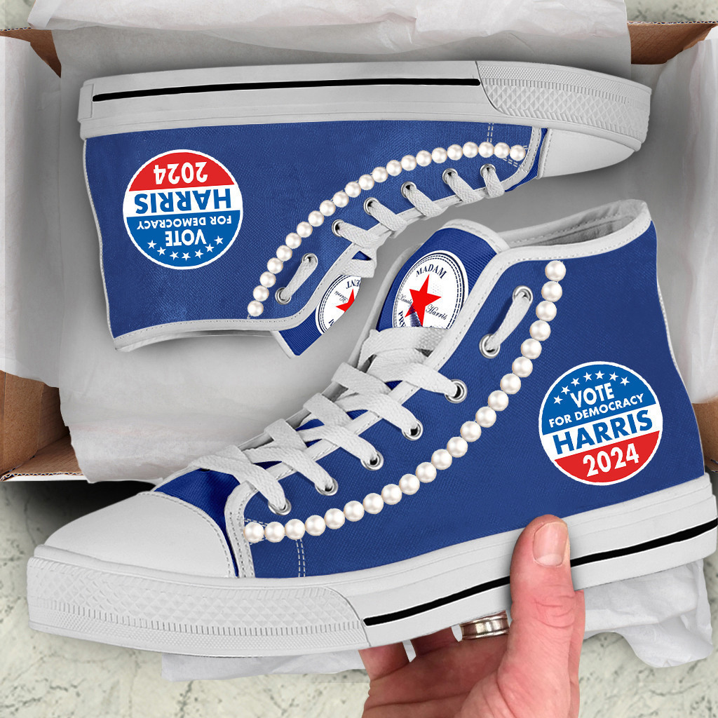 Chucks And Pearls High Top Shoes Vote For Democracy Harris 2024 Low Top Sneakers Chucks And Pearls High Top Shoes Vote For Democracy Harris 2024 Low Top Sneakers - Image 1