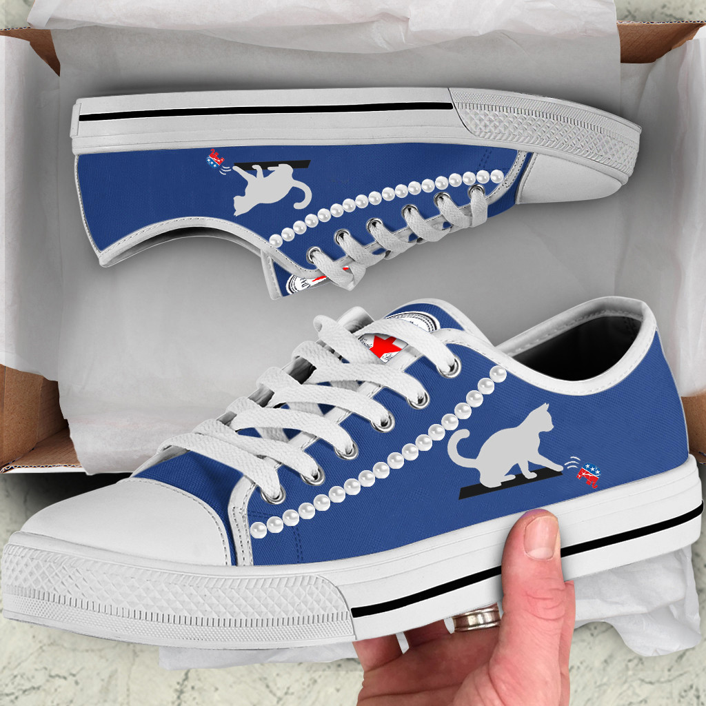 Chucks And Pearls Low Top Shoes Cat Lady Anti GOP Vote Blue Low Top Sneakers