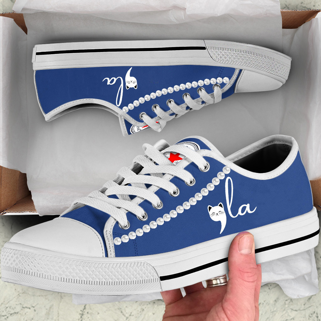 Chucks And Pearls Low Top Shoes Cat Lady Comma La Vote Blue Low Top Sneakers Chucks And Pearls Low Top Shoes Cat Lady Comma La Vote Blue Low Top Sneakers - Image 1