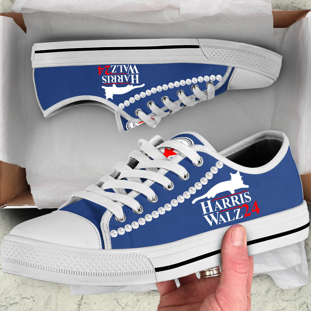 Chucks And Pearls Low Top Shoes Cat Lady Vote Blue Harris Walz '24 Low Top Sneakers