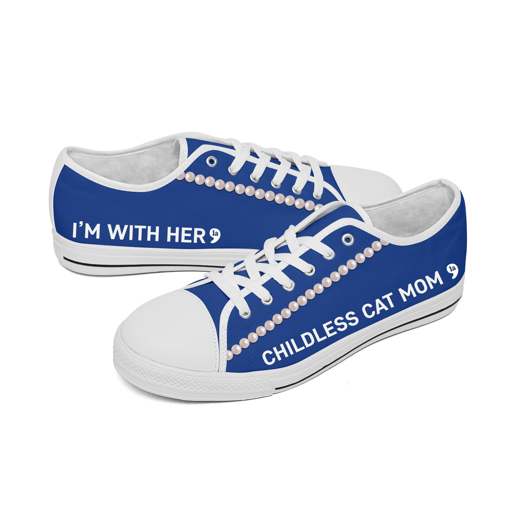 Chucks And Pearls Low Top Shoes Comma La Childless Cat Mom Kamala I'm With Her Shoes