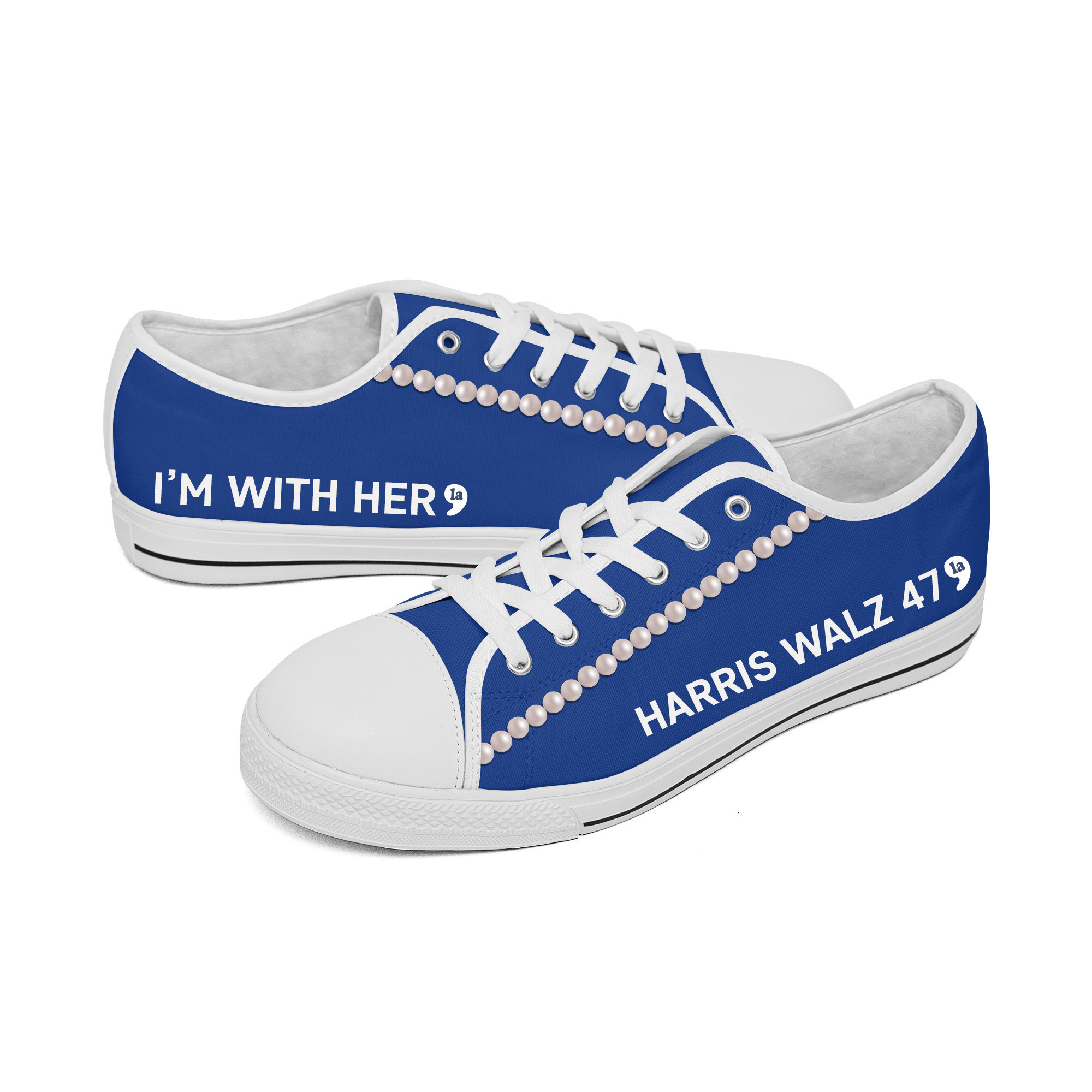 Chucks And Pearls Low Top Shoes Comma La Harris Walz 47 Kamala I'm With Her Shoes
