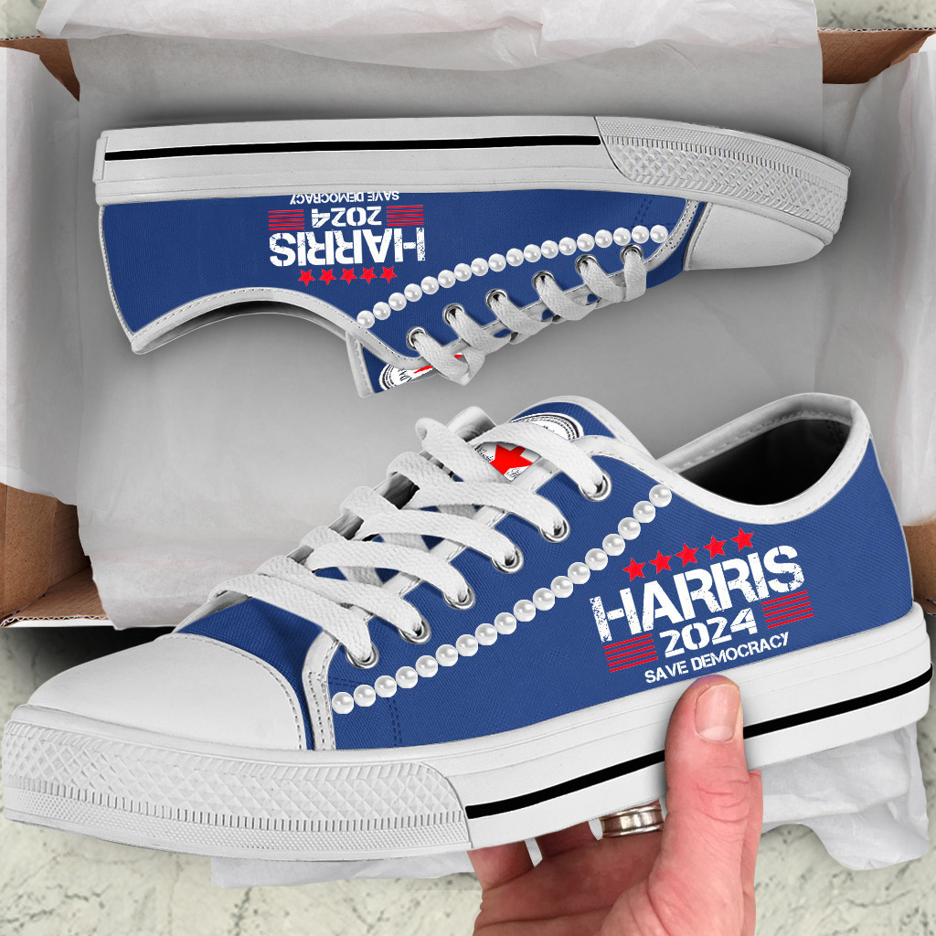 Chucks And Pearls Low Top Shoes Harris 2024 Save Democracy Vote Blue Low Top Sneakers Chucks And Pearls Low Top Shoes Harris 2024 Save Democracy Vote Blue Low Top Sneakers - Image 1